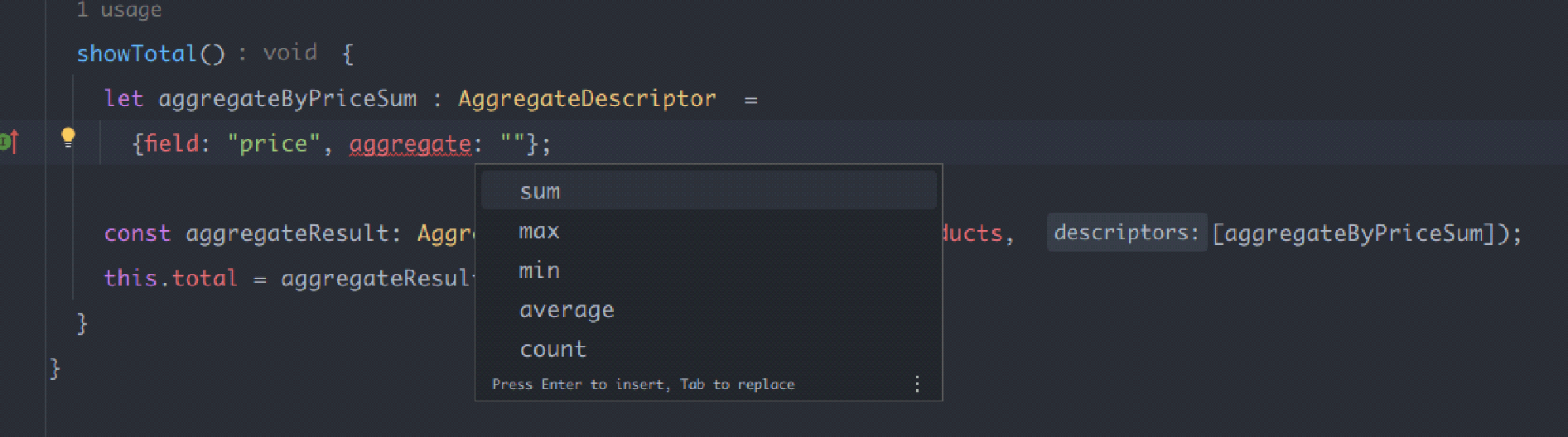 Code with predictive text suggestions with aggregation options including sum, max, min, average, count