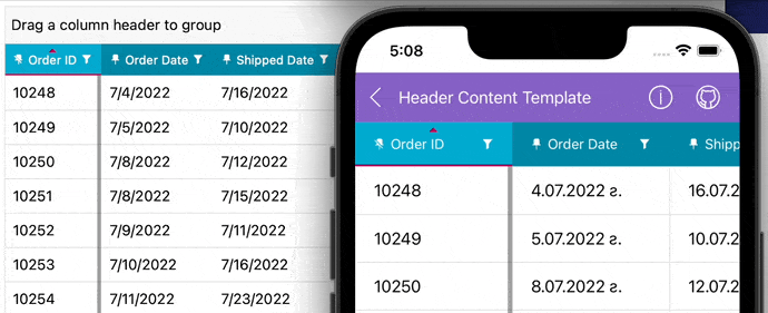 Header cells have icons for filtering and sorting