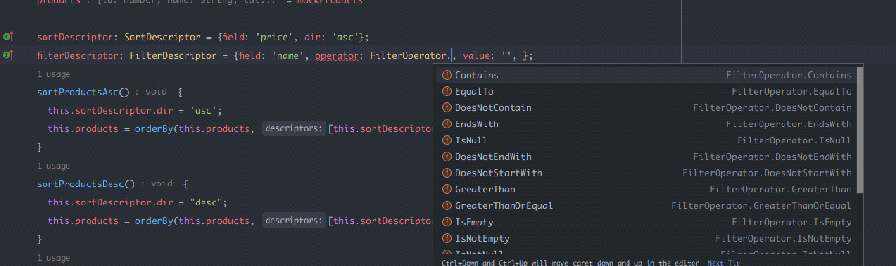 Code with predictive text for FilterOperator recommending Contains