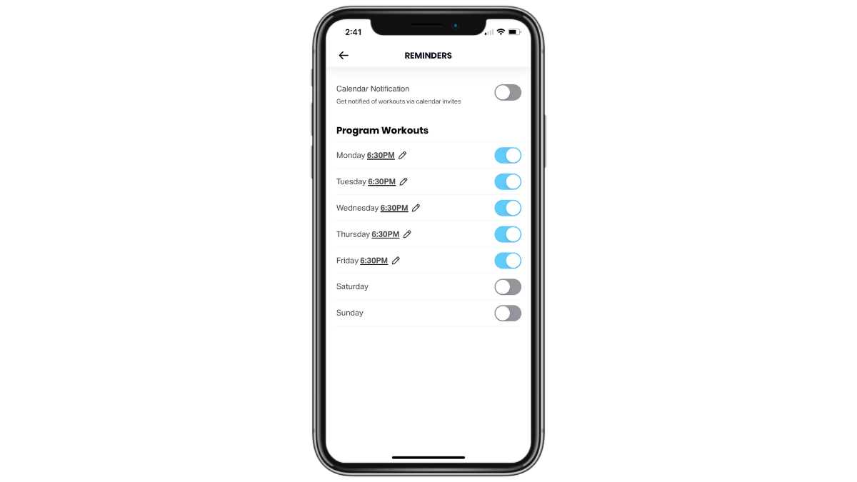 In the FitOn fitness app, users have the option of setting Program Workout reminders. First, they enable which days of the week they want to receive them. Then they add a custom time to each day.