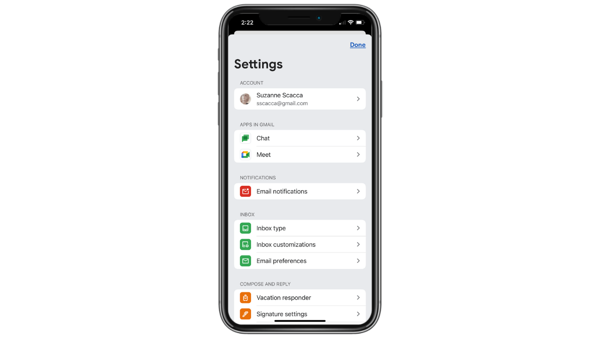 The Settings panel inside the Gmail mobile app. At the op is a list of 2 apps in Gmail: Chat and Meet. Users are able to disable both if they don’t want to see them in the app.