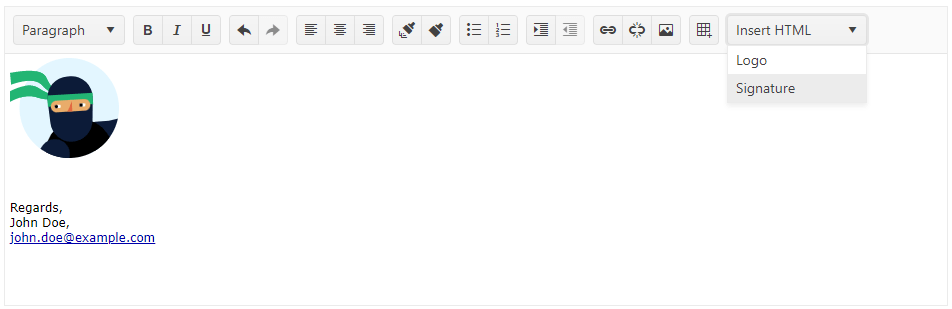 HTMLsignature has telerik ninja image and text signature with regards, John Doe