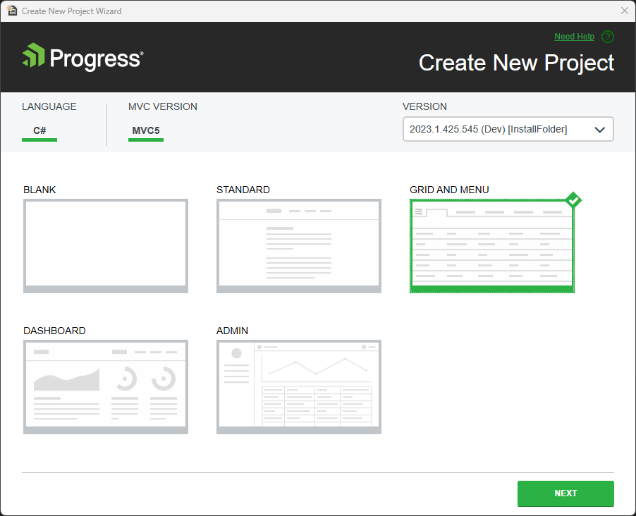 Create New Project showing Grid and Menu template selected