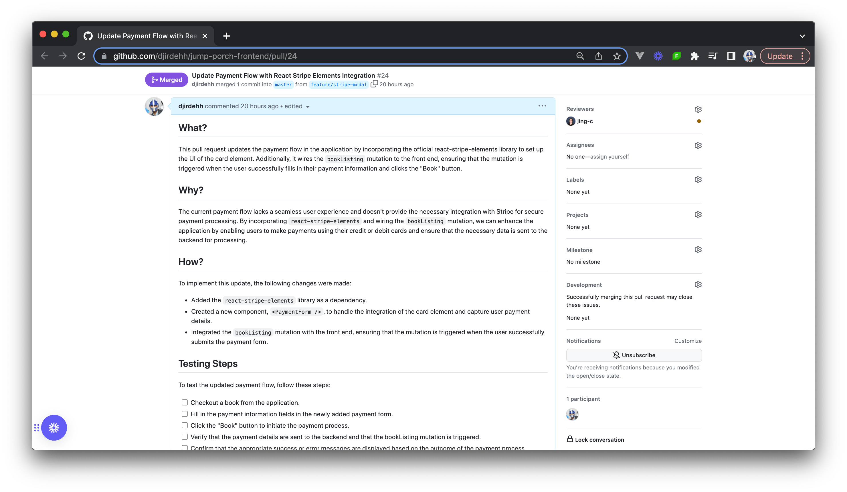 Pull request description screen includes what, why, how, testing steps