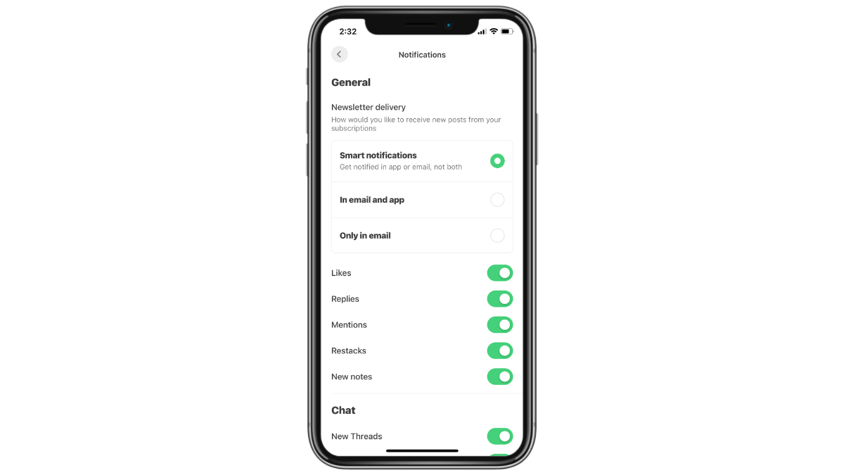 Under Notification settings in the Substack mobile app, users are able to decide where their newsletters are delivered to: smart notifications, in email and app, or only in email.