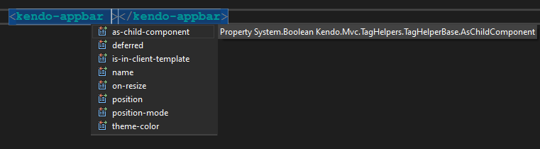 kendo-appbar tags has menu with as-child-component, deferred, in-in-client-template, name, etc. as suggestions