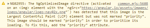 NG02955 warning that the NgOptimizedImage directive has detected that this image is the LCP element but wasn't marked priority