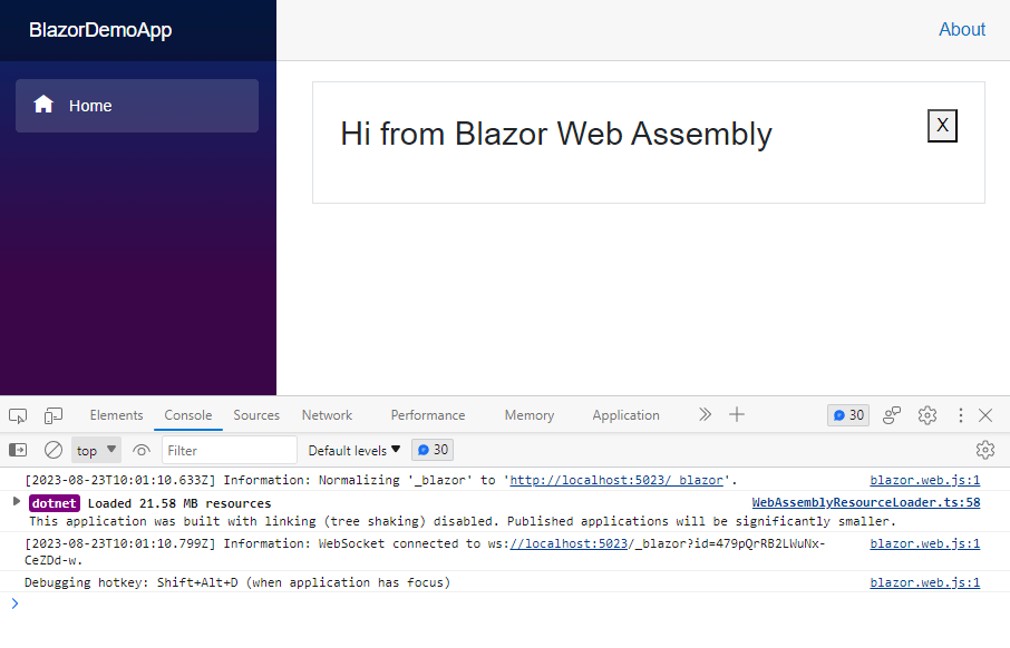 The same page as before, but this time the dev tools show that no socket connection was opened and Blazor WASM loaded immediately instead