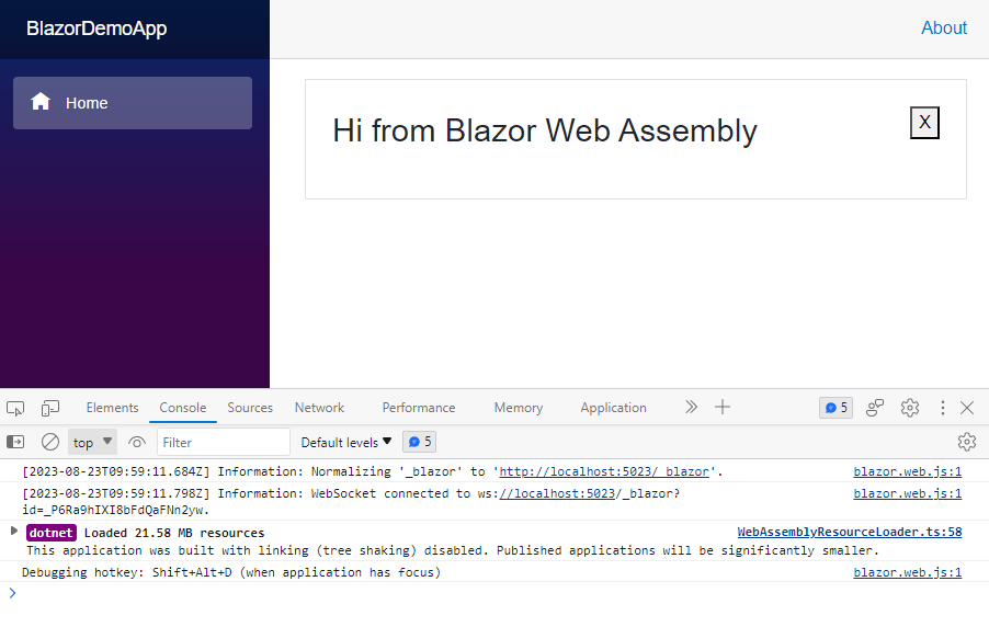 A web page which includes a simple banner. The Dev Tools are open and show how Blazor server was used to make the component interactive initially (with a message indicating 