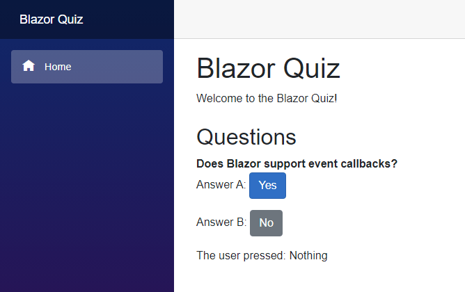 A Blazor application showing a title and a quiz question with two possible answers. Both answer options have a button for the user to select the answer.