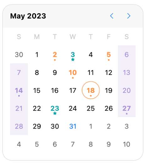 calendar view with weekends in purple, starred dates in teal, and appointments in orange