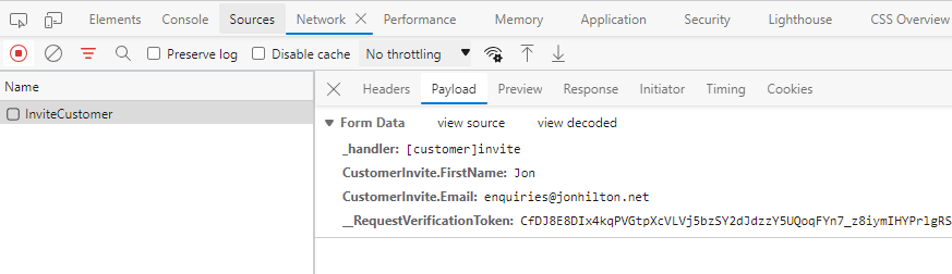 The browser dev tools showing a POST request to InviteCustomer. The submitted payload includes fields from the form plus a value for _handler which is set to [customer]invite