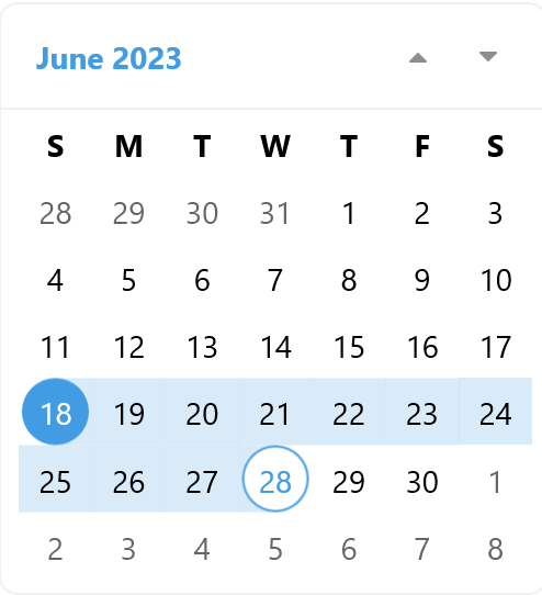 A range of dates is highlighted from June 18 to 28. A blue circle is on the 18, an open circle with a blue border on the 28, and the rest of the days have a lighter blue highlight