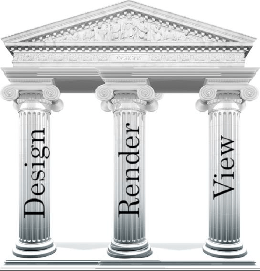 Building with three pillars labeled design render view