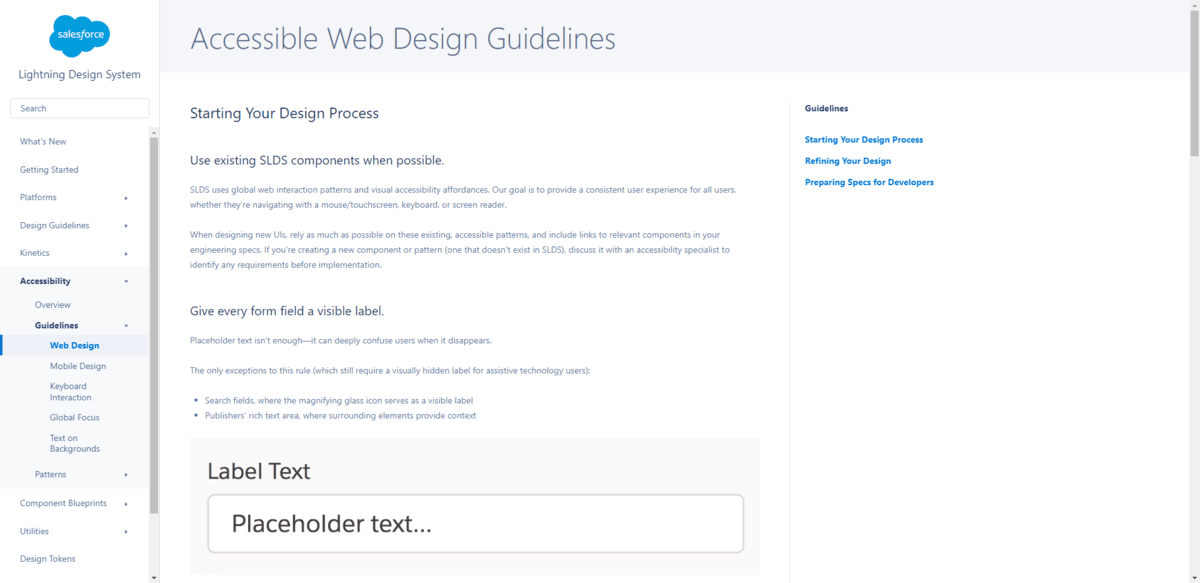 The Lightning Design System for Salesforce. It breaks everything down by Platforms, Design Guidelines, Kinetics, Accessibility, Component Blueprints, Utilities, Design Tokens, and more.