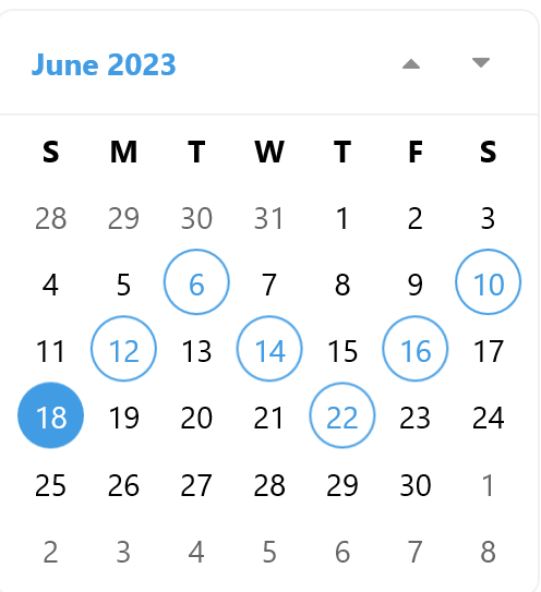 June 6, 10, 12, 14, 16, 18, 22 are selected. The 18th has a fill-in blue circle on it, and the others have an open circle with a blue border around them.