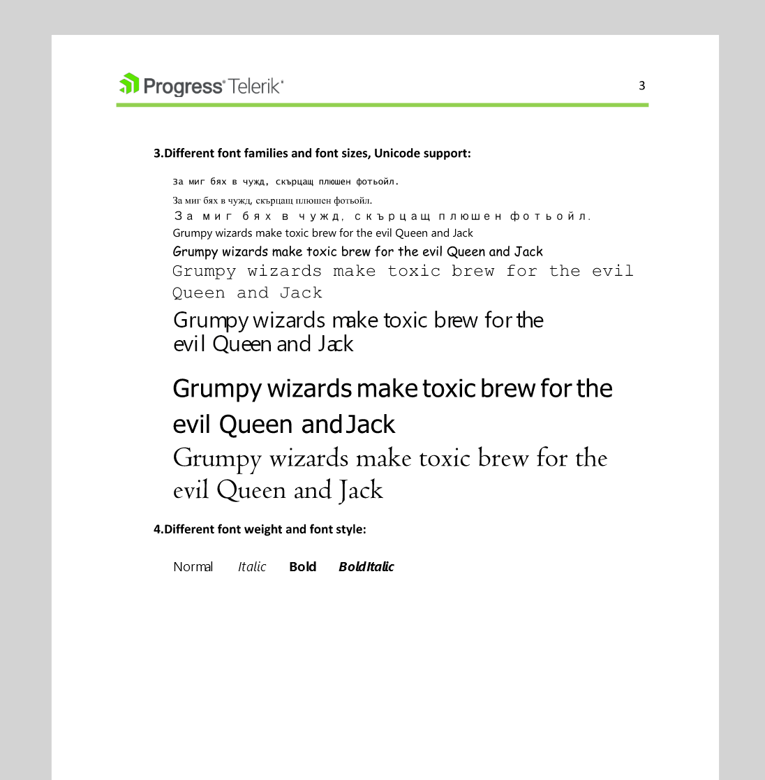 A PDF showing different font families and sizes