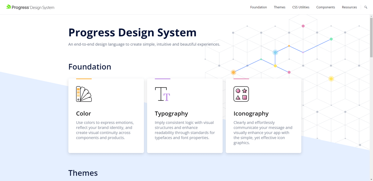 The design system for Progress. It is an end-to-end design language built to create simple, intuitive, and beautiful experiences. It includes foundational elements like color, typography, and iconography, It also includes themes, CSS utilities, components, and resources.