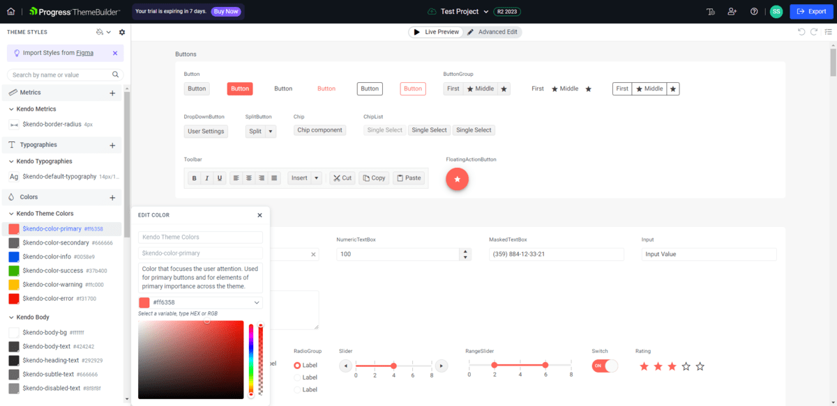 A screenshot from inside of the Progress ThemeBuilder. This tool automatically imports the styles from the theme the user chooses. The user can then select any of the preset values — like the highlighted $kendo-color-primary — to see what function it serves, which elements it applies to, and then to modify it.