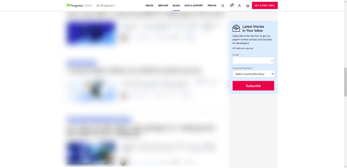 On the sidebar of the Telerik blog is a form titled “Latest Stories in Your Inbox”. It is a subscriber form that asks users for their Email and Country/Territory before they hit the “Subscribe” button.
