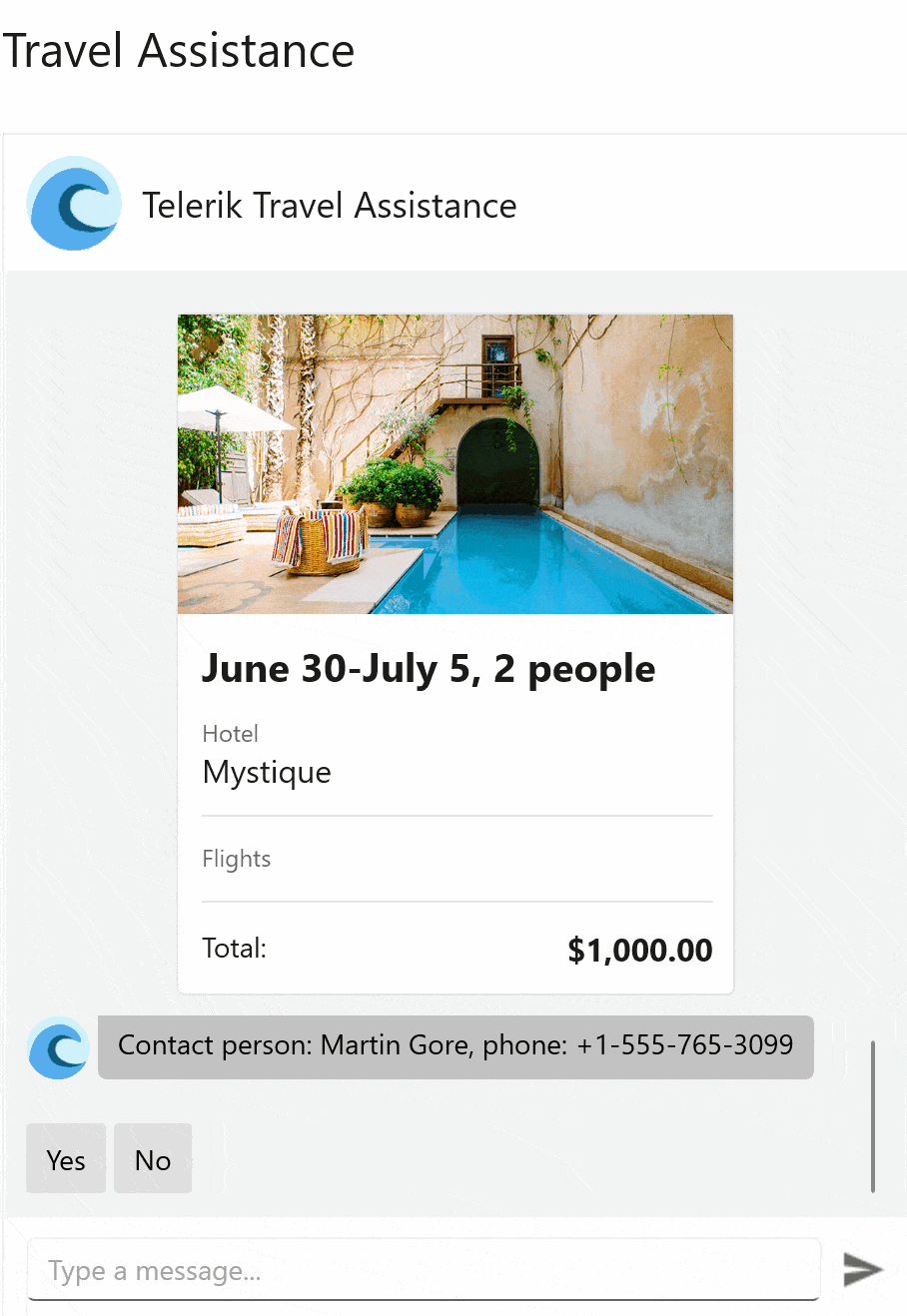 Travel Assistance chatbot offers multiple choices for what type of travel you're looking for. A calendar datepicker for when you're looking to start. How many days, how many people, location suggestions and dropdown.
