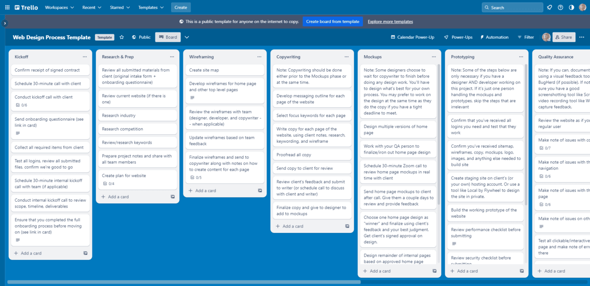 A Trello board called “Web Design Process Template”. There are various lists containing tasks for the different phases of a design project, including Kickoff, Research & Pre, Wireframing, Copywriting, Mockups, Prototyping, Quality Assurance, and so on.
