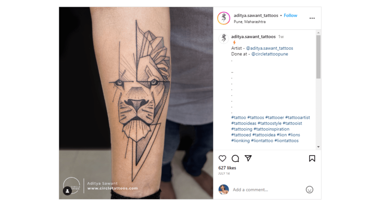From the Instagram page of @aditya.sawant_tattoos. The tattoo is of a lion’s face. Only it’s mostly been created using geometric figures and lines.