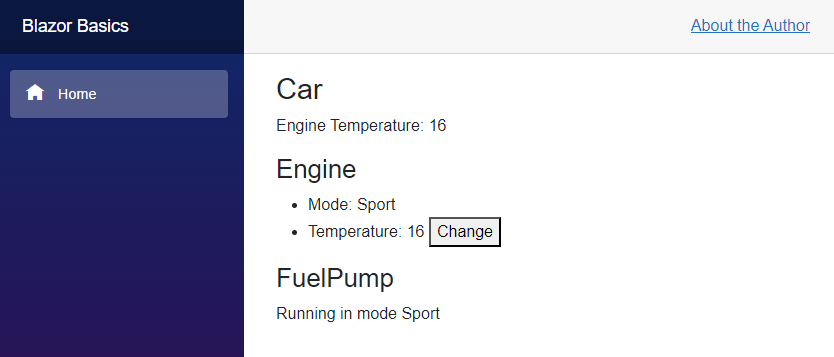 A Blazor web application showing a Car component with an engine temperature of 16, an Engine component with a mode sport and a temperature of 16. There is a change button beside the temperature. A FuelPump component showing mode sport.