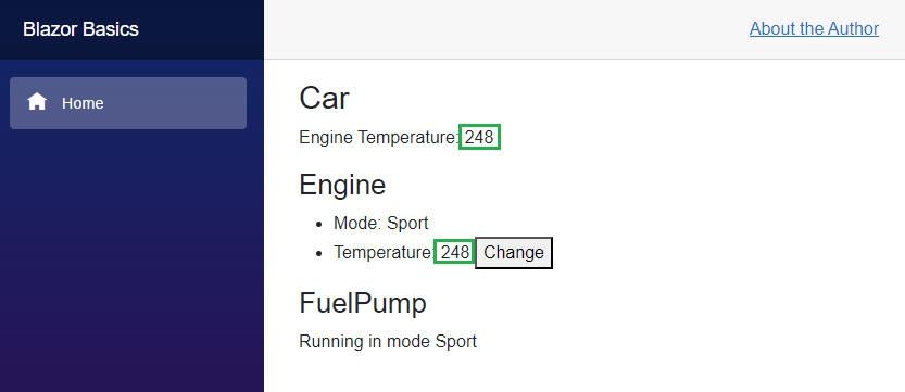 A Blazor web application showing a Car component with an engine temperature of 248, an Engine component with a mode sport and a temperature of 248. There is a change button beside the temperature. A FuelPump component showing mode sport.