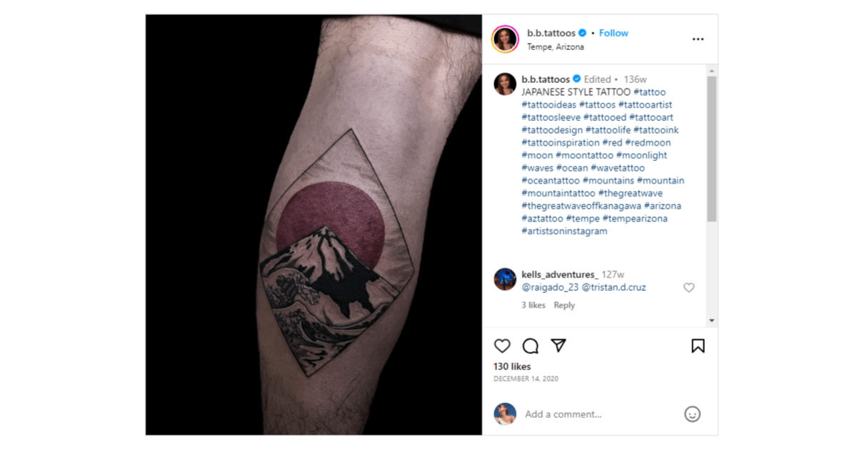 From the Instagram page for @b.b.tattoos. This is a Japanese-inspired tattoo of an ocean wave framed against a mountain which is also framed against a red sun. This image is contained within a rectangular shape.