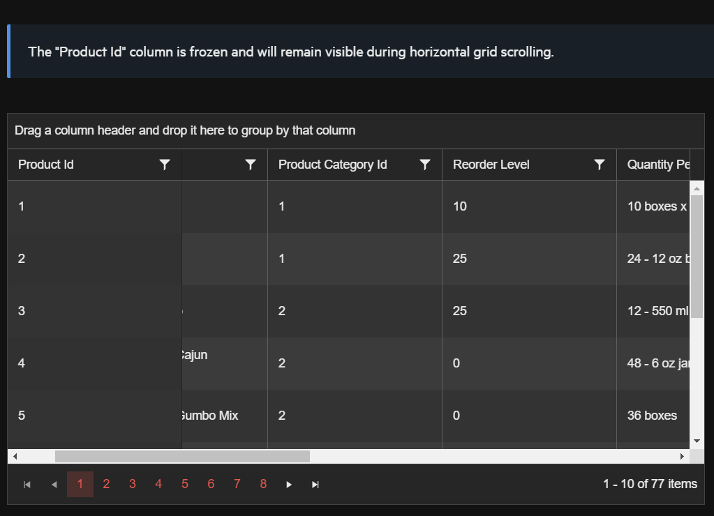 Grid has been scrolled to the right. The first column is frozen