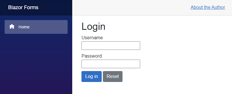 A Blazor application showing a login page with a Login heading followed by an HTML form with a username and a password field.