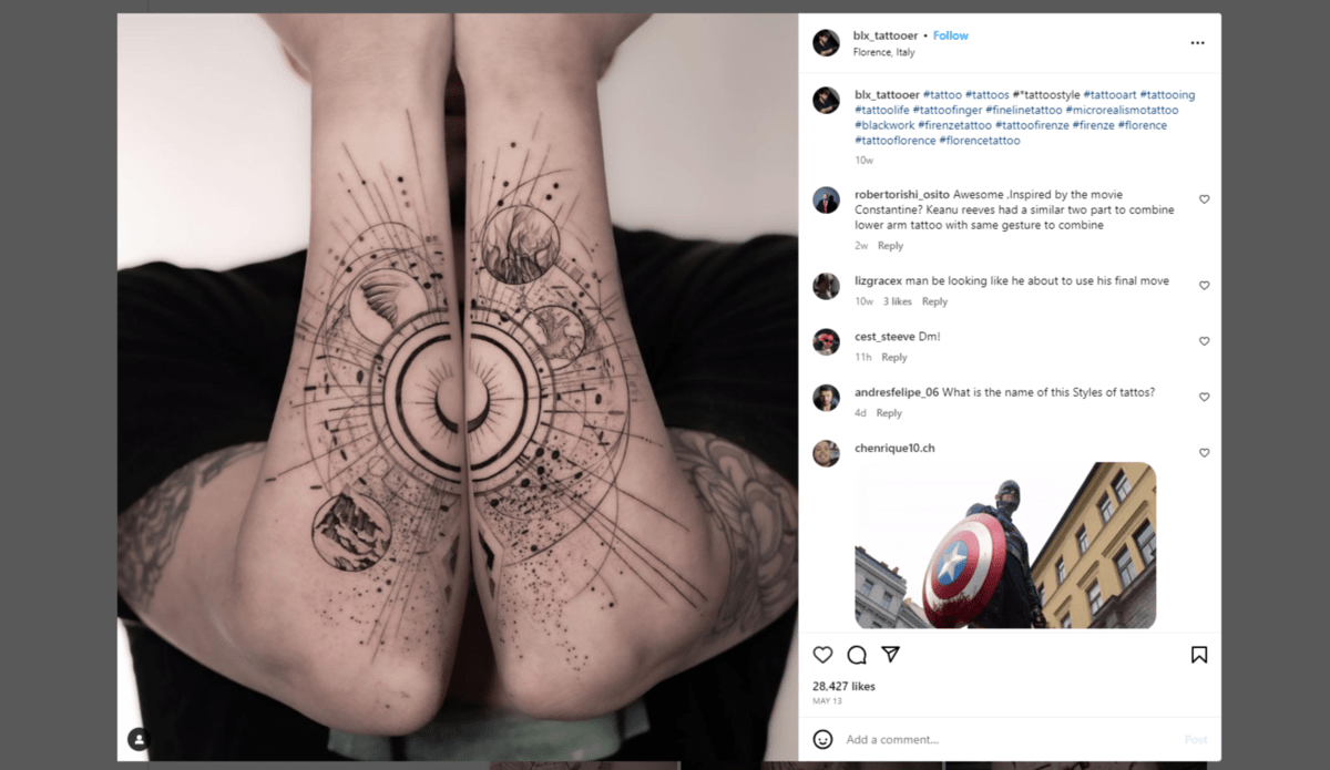 From the Instagram page of @blx_tattooer. This tattoo has been drawn on both forearms. When brought together, they form a geometric depiction of space, with the sun and moon at the center and the four elements of earth, wind, fire, and water floating as planets in orbiting circles around it.