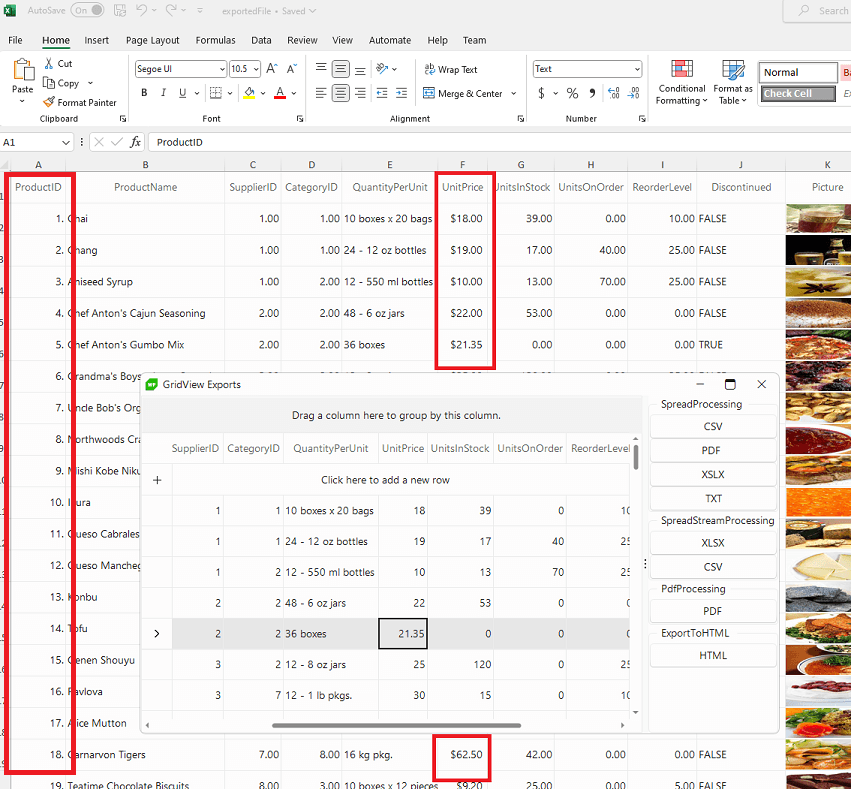 Product ID and UnitPrice columns have been emphasized with a red box. In the export, the period is removed from the prouct ID and the currency formatting is removed from unit price