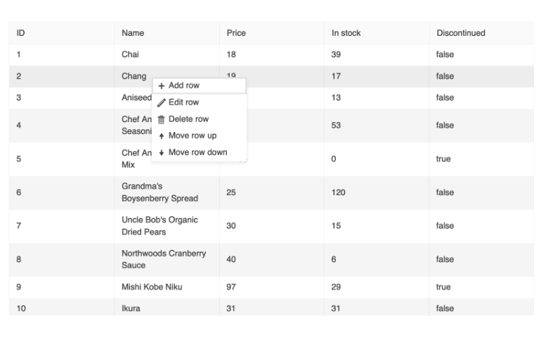 In a table grid, a row is highlighted and a context menu is open with options to add row, edit row, delete row, move row up, move row down