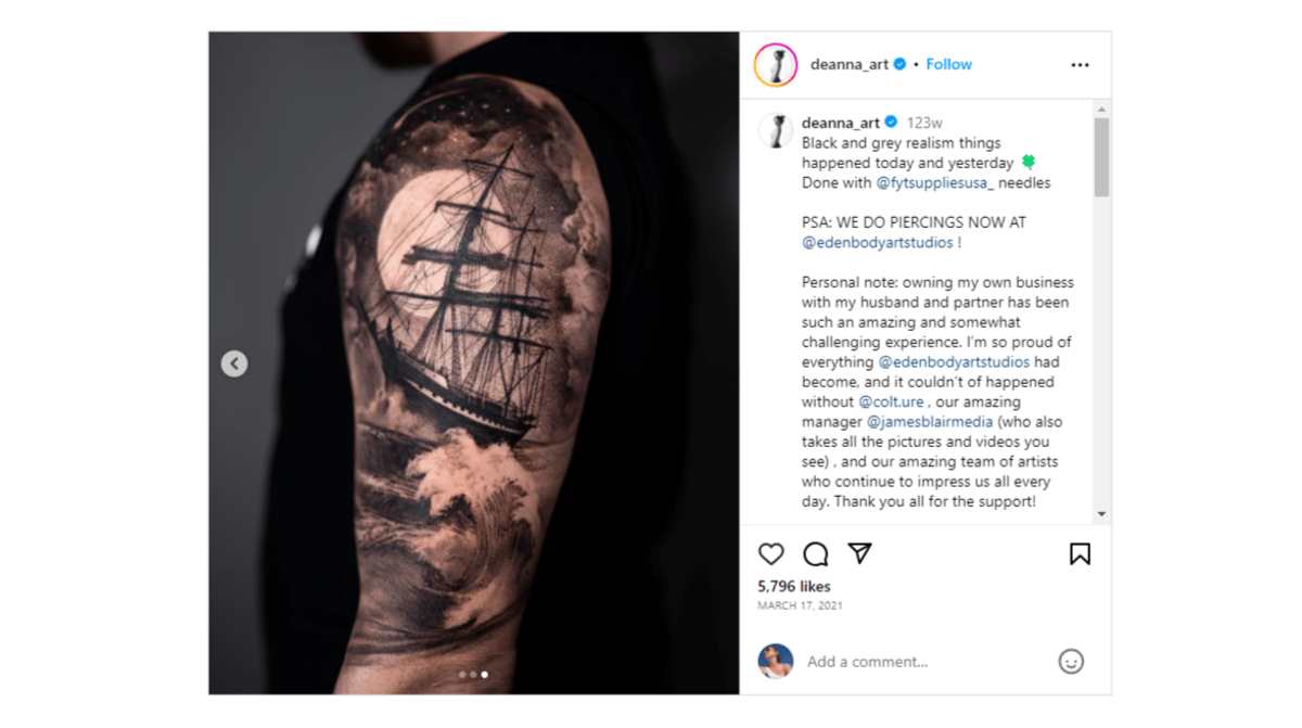 From @deanna_art on Instagram, we see a half-sleeve tattoo done all in black and grey. It’s of a massive sailboat in turbulent waters in the middle of the night.