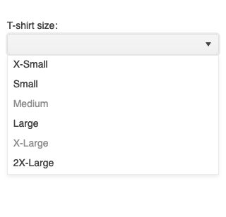 Dropdown for tshirt size selection has grayed out medium and XL, indicating those sizes are unavailable