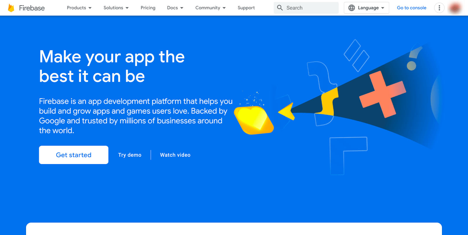 The homepage of Google Firebase