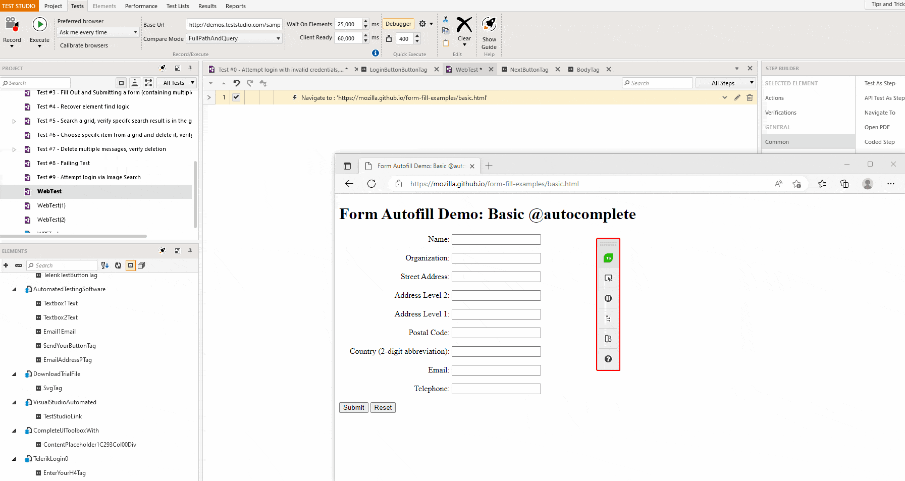Test Studio is recording the steps of a user filling out a form Test Studio is recording the steps of a user filling out a form