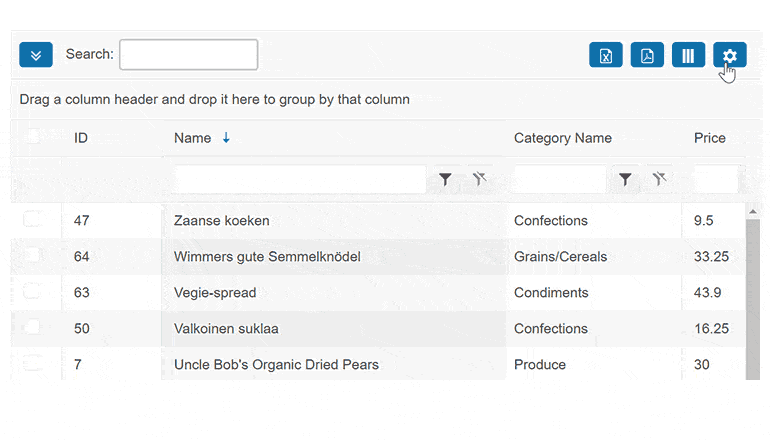 One button has Show/hide columns and user deselects some columns. Then the settings has checkboxes for filterable, selectable, sortable, groupable, pageable