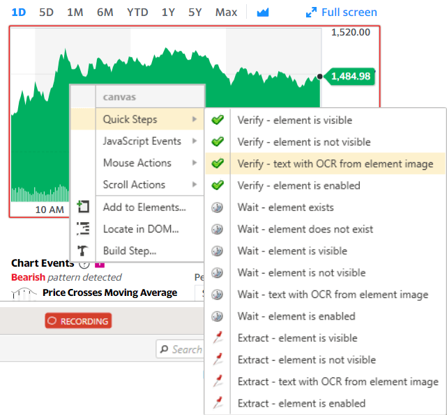 image validation options menu: Quick steps: verify element is visible, verify element is not visible, verify test with OCR from element image, very element is enabled, wait element exists, wait element does not exist, wait element is visible, extract element is visible, etc.