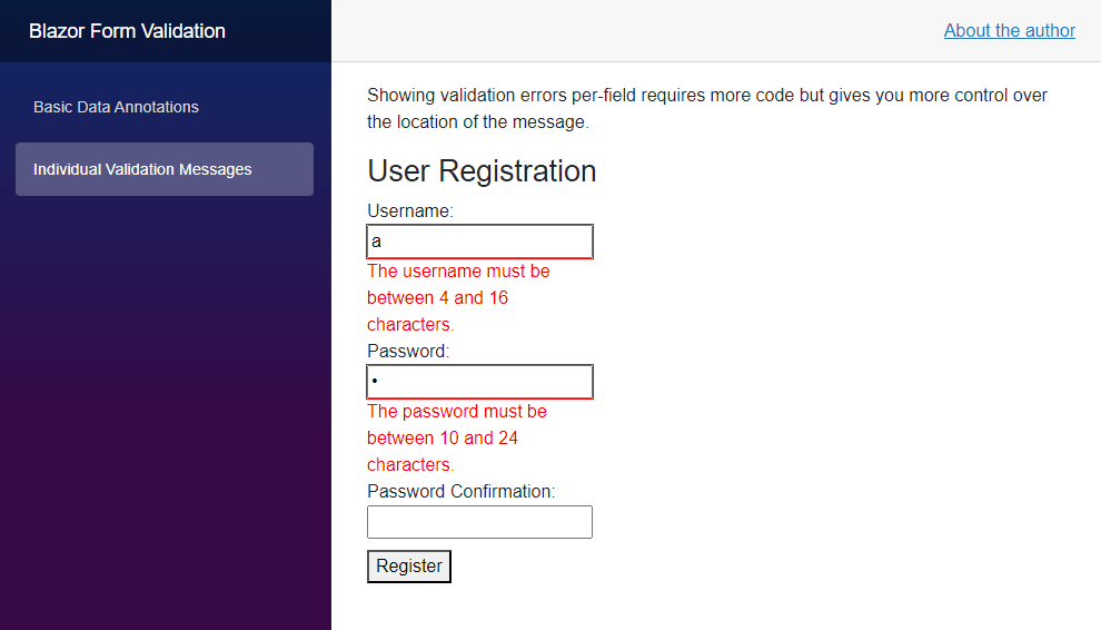 A Blazor form consisting of three input fields: username, password, password confirmation. Each validation message is shown below its field instead of using a centralized summary component.