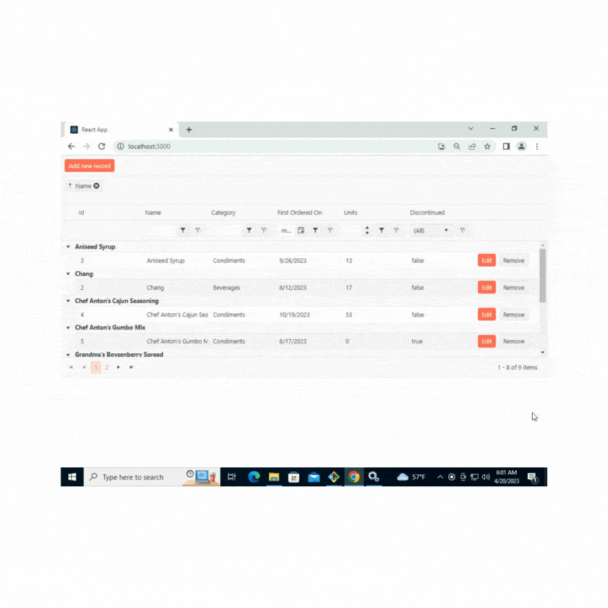 User navigates the grid, sorting by name, searching, editing, removing