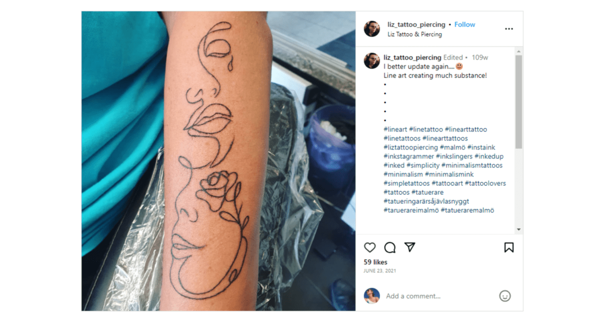 From the Instagram page of @liz_tattoo_piercing, this is a line art drawing of two faces. It’s a somewhat abstract drawing as one of the faces appears to have its eye created from a flower shape.