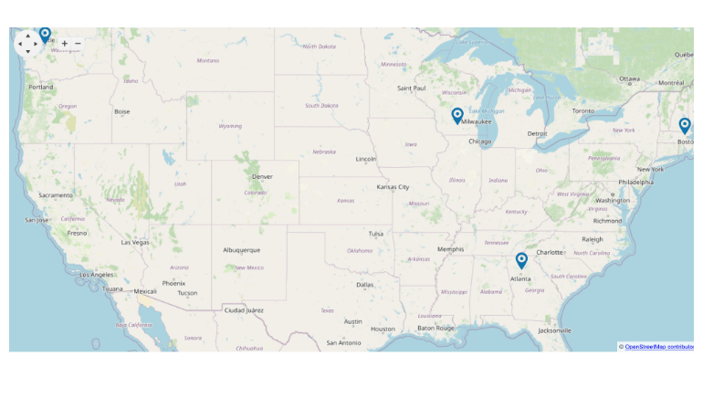 Map of the United States with pins in four locations