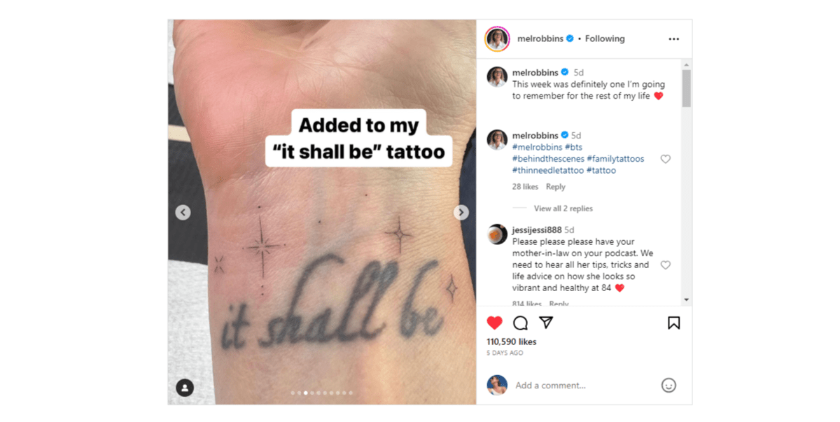 On @melrobbins Instagram page, she shows off new matching minimalist tattoos she got with her family. Here we see the small stars scattered around an older “it shall be” tattoo.