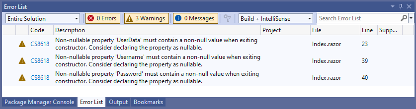 The error list in Visual Studio showing three compiler warnings regarding nullable reference types.
