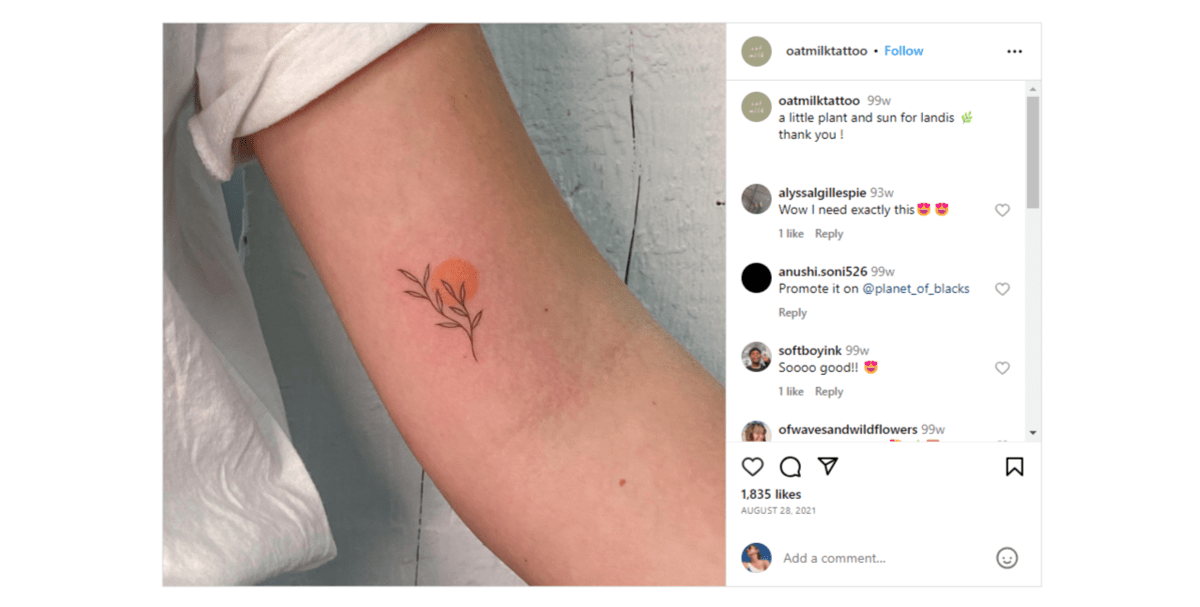 The @oatmilktattoo Instagram page shows off a minimalist tattoo of a little plant and an orange-colored sun.