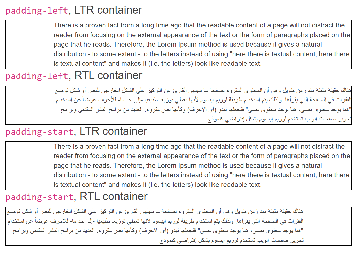 padding-left in LTR container has a wide margin on the left side, before the start of the text. padding-left in RTL container still has a wide left margin, and the start of the text on the right side bumps into the box border. Using padding-start instead has the margin on the side where the text begins - left on LTR and right on RTL