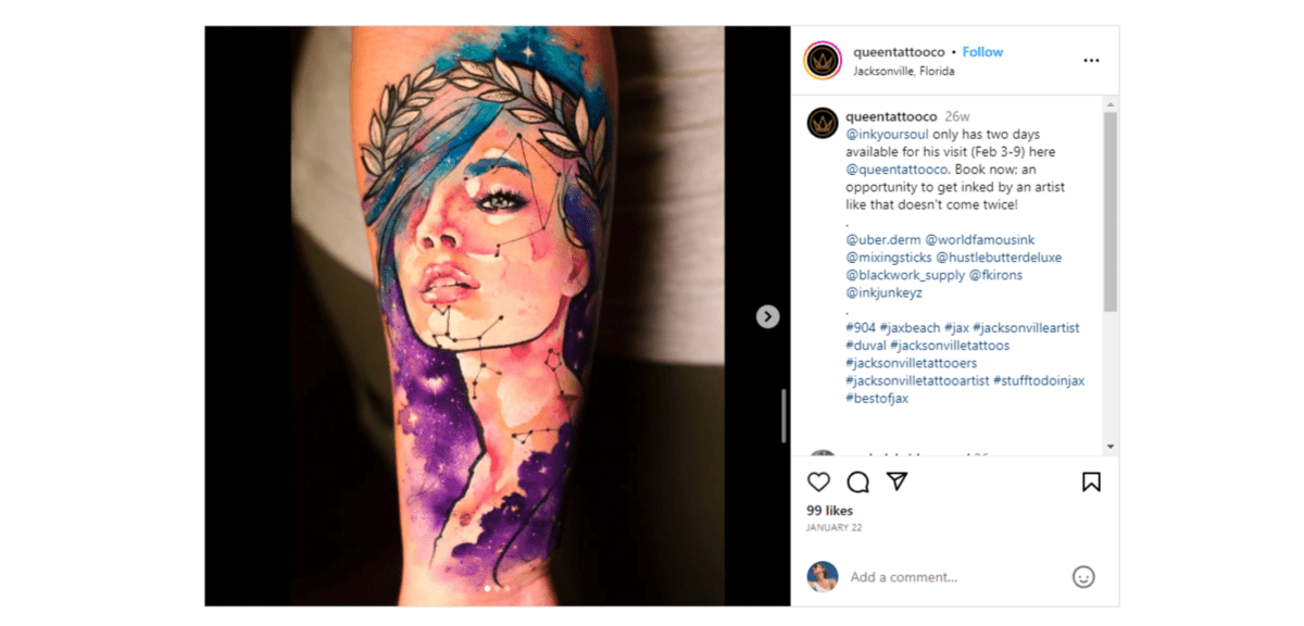 From the Instagram page of @queentattooco. The tattoo is of a beautiful woman wearing  a Greek leaf crown. Rather than drawn in the lines of her hair, the artist used blue and purple watercoloring to create her hair.